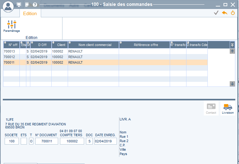 fenêtre saisie des commandes